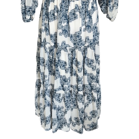 Anthropologie Current Air Isla Blue White Tie Neck Tiered Ruffle Midi Dress - XS - Picture 9 of 16